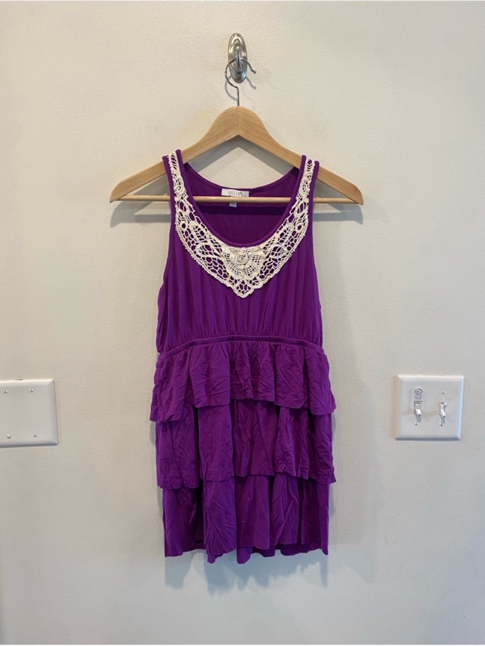 dELiA*s Purple Tiered Midi Dress with Cream Crochet Neckline